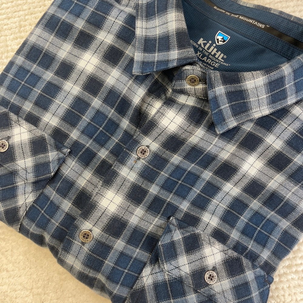 Kuhl Mens XL Blue Plaid Cotton Tencel Long Sleeve Button Down Flannel Shirt